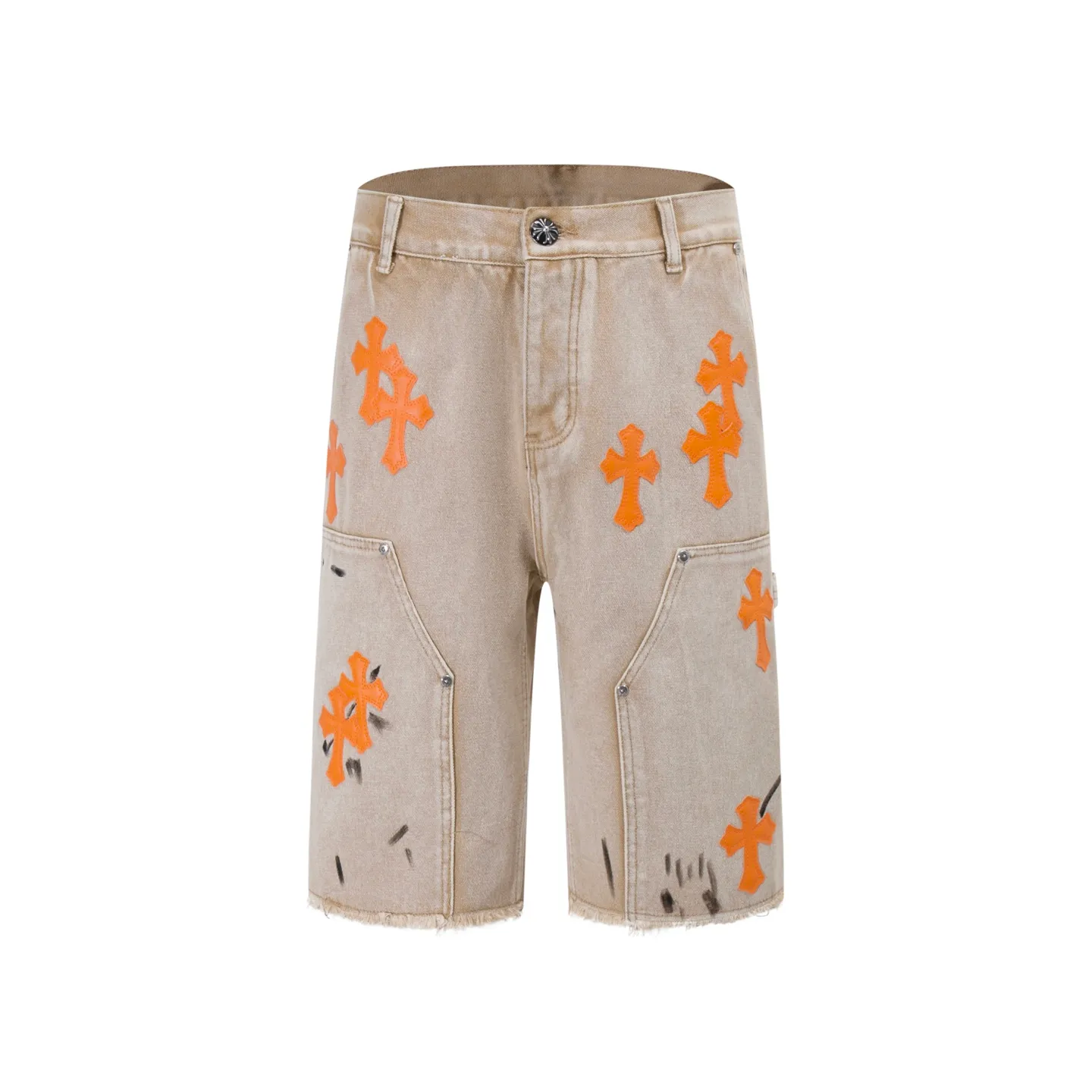 P240 Style No.: H894 GALLERY DEPT. & 𝐂𝐡𝐫𝐨𝐦𝐞 𝐇𝐞𝐚𝐫𝐭 Croxin co-branded ss25 wood splash ink hand-painted stitching multi-pocket micro-flared denim shorts. Styles with different washed textures are very friendly to people with thin legs. The micro-flared version perfectly modifies the leg shape. The timeless and moderate length makes it easy to match and match. It is the basis for various styles and is a must-have in your wardrobe! The fabric is stiff but also makes the upper body soft without losing texture. The washing process is even more perfect. It is a must-have item for everyone! ! ! Washed wheat, tag, pants label, three labels complete Color: Khaki Size: 28-30-32-34-36